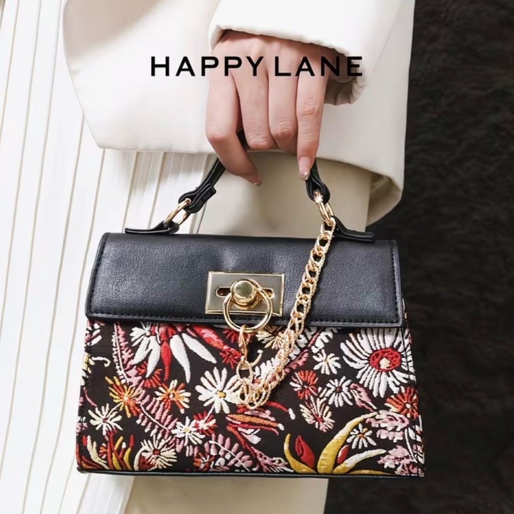 Happy Lane Floral Embroidered Satchel Crossbody Gold Chain Lock Top Handle NIP